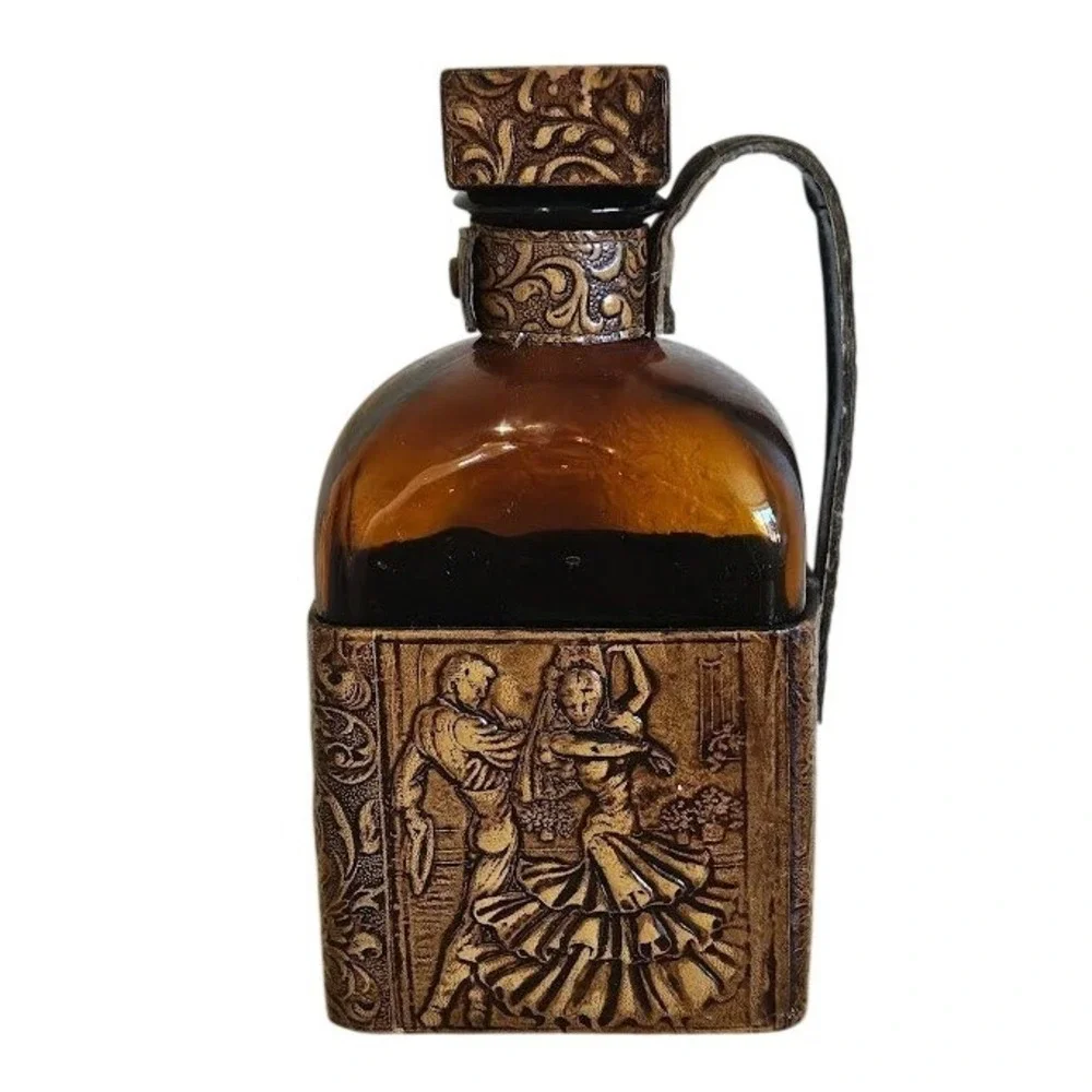 Vintage Amber Glass Decanter Bullfighter Flamenco Dancer Leather Embossed